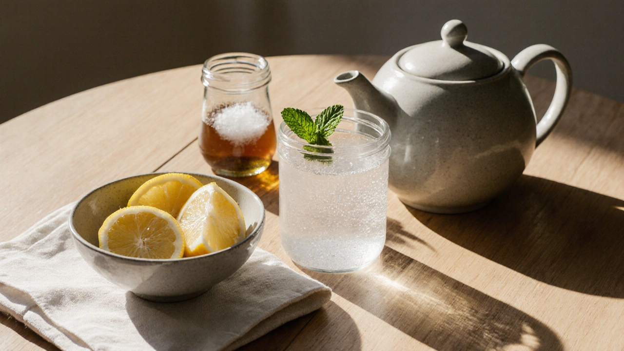 Přírodní detox nápoje: kokosová voda, citron, mořská sůl a bylinný čaj na dřevěném stole.