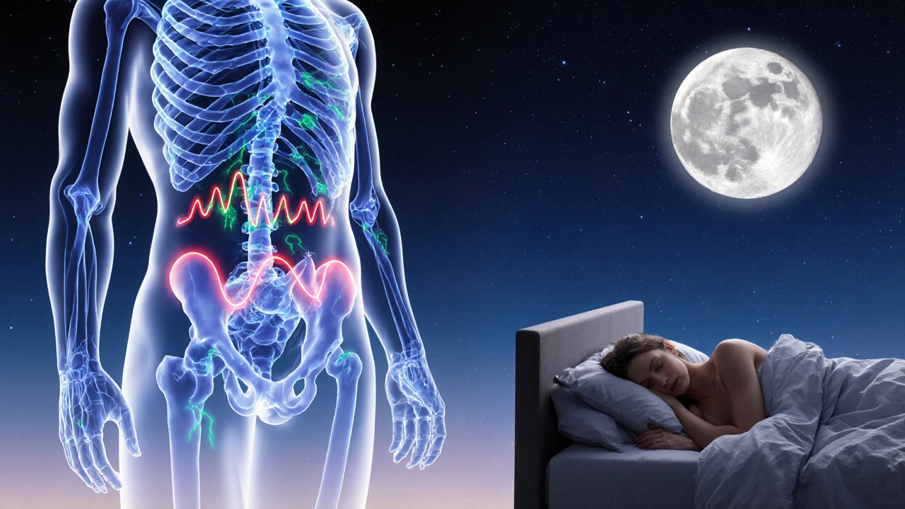 Průhledný lidský tělo s viditelnými hormonálními cestami v klidu a stresu.