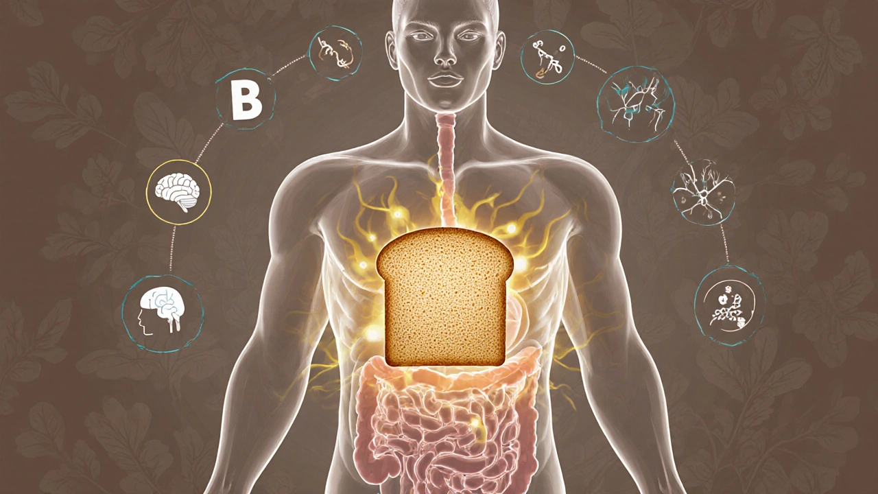 Průřez lidského těla ukazující celozrnný chléb jako zdroj energie pro mozek a střeva.