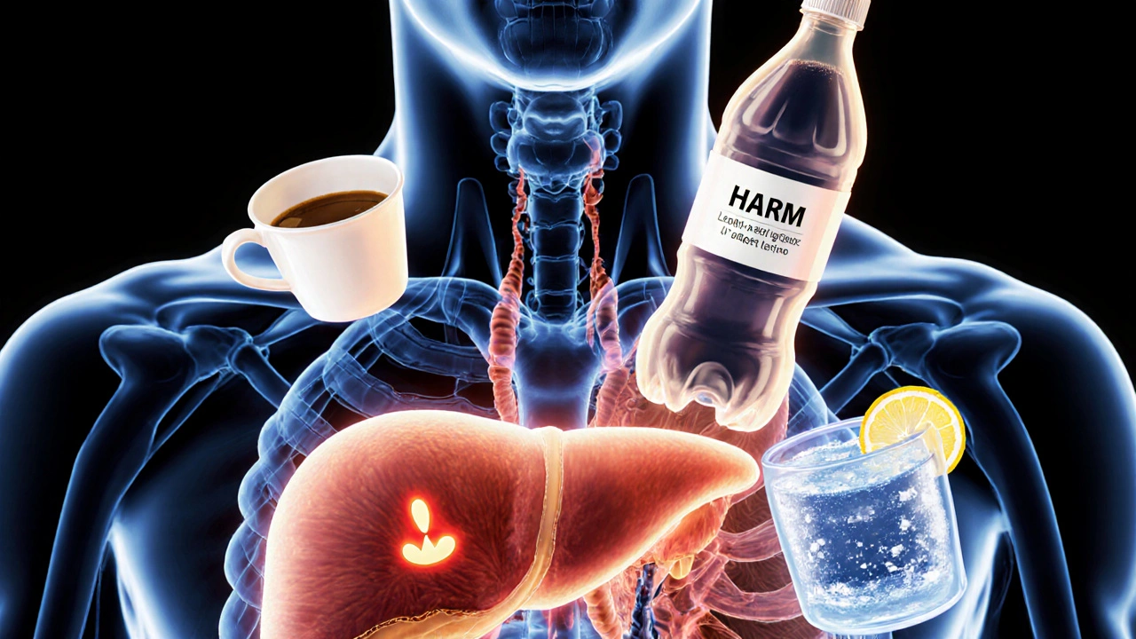 Průřez tělem ukazující játra zatížená alkoholem a zdravou náhradou nápoje.