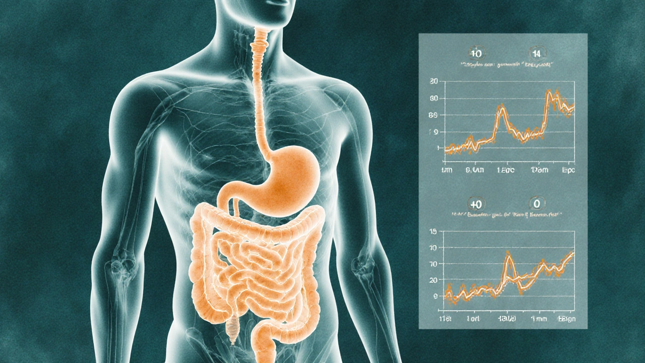 Průřez tělem ukazující stabilní trávení a hormonální rovnováhu při pravidelném jídlu.
