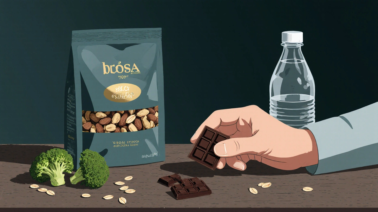 Ruka drží kousek černé čokolády a oříšky vedle vody a brokolice.