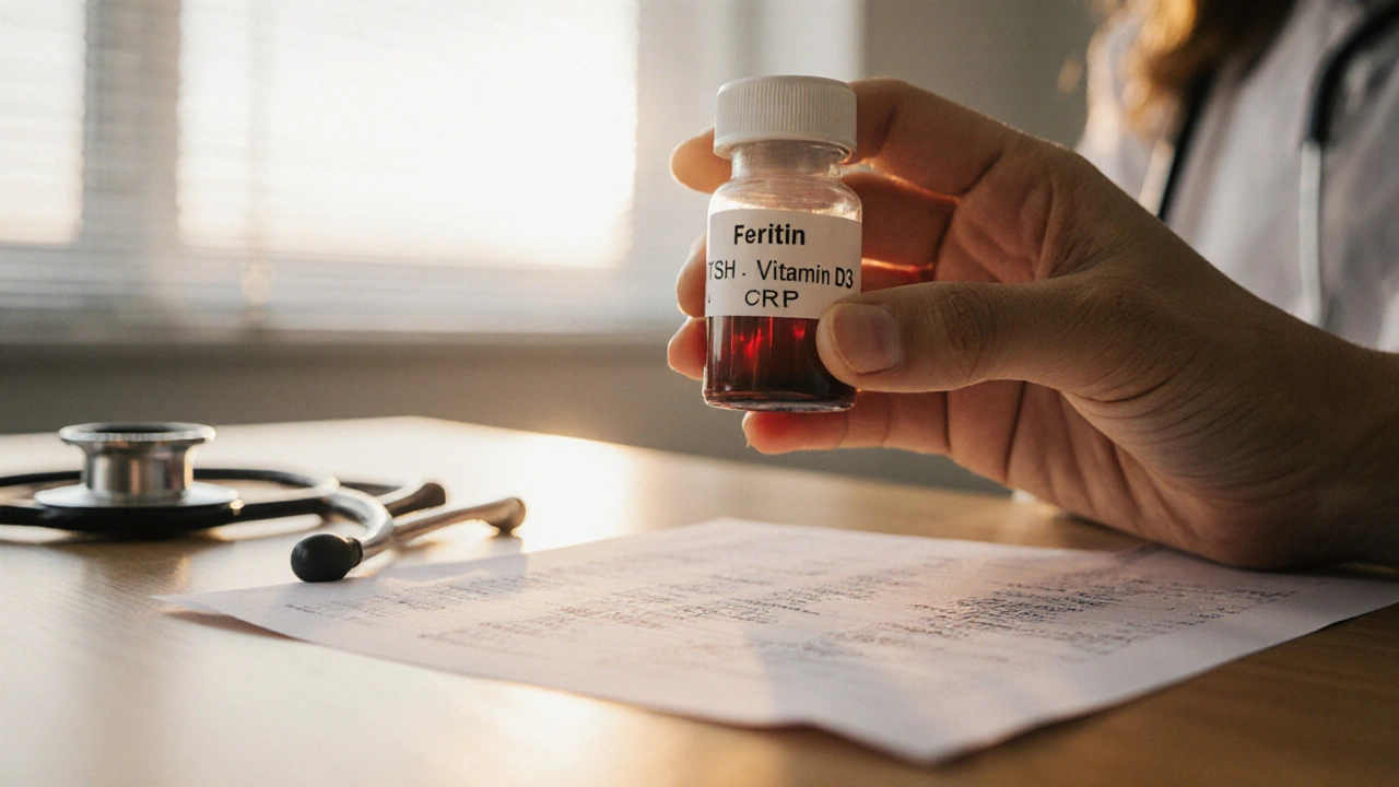 Ruka drží krevní vzeb s výsledky laboratorních testů na stole.