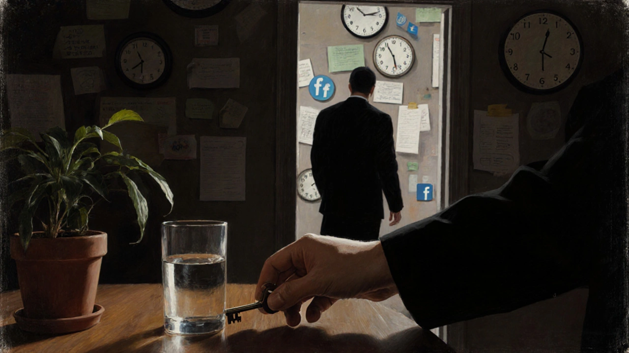 Ruka klade klíč na stůl vedle rostliny — za ní stín odchází od hodin a seznamů.