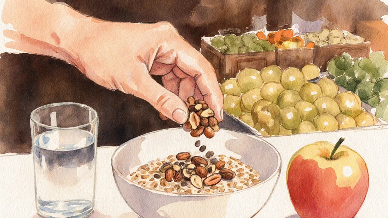 Ruka přidává ořechy a lněná semínka do mísy s ovesnými vločkami