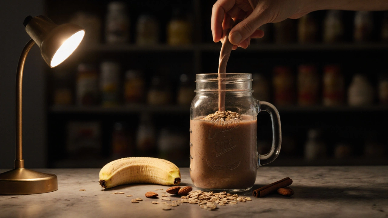 Smoothie s proteínem, ovesnými vločkami a banánem na kuchyňském stole večer.