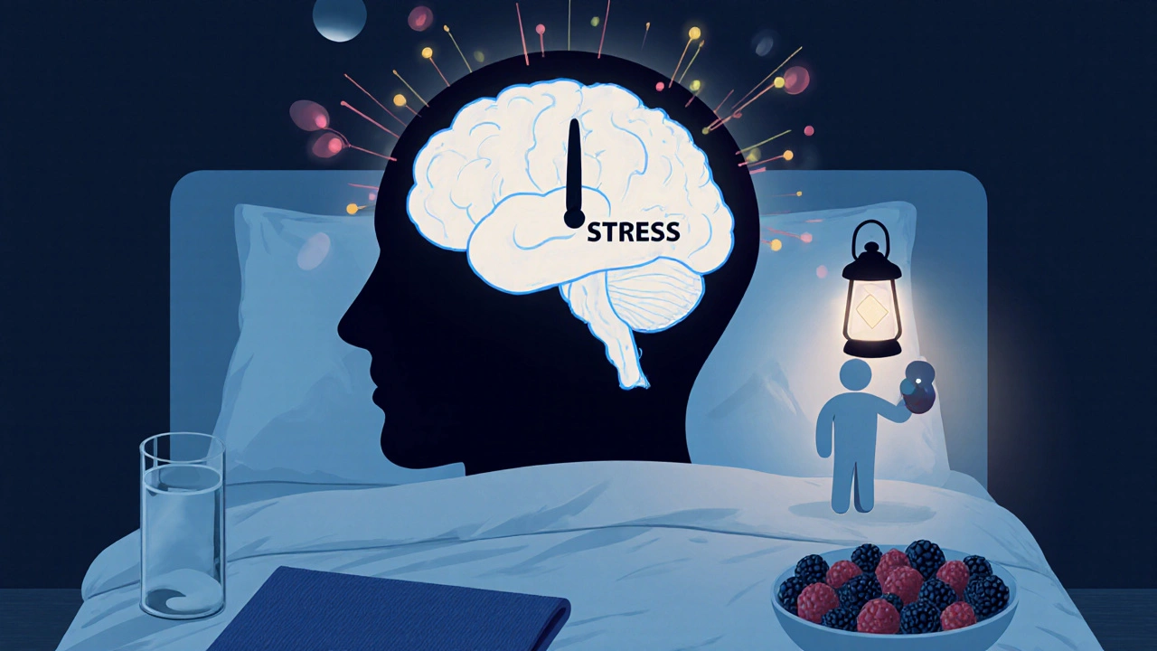 Spící člověk s aktivním stresovým signálem v mozku, vedle něj náznaky obnovy.