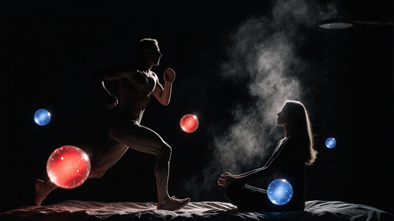 Stín postavy v posteli, kolem ní se vznášejí červené a modré koule, symbolizující stres a uvolnění.