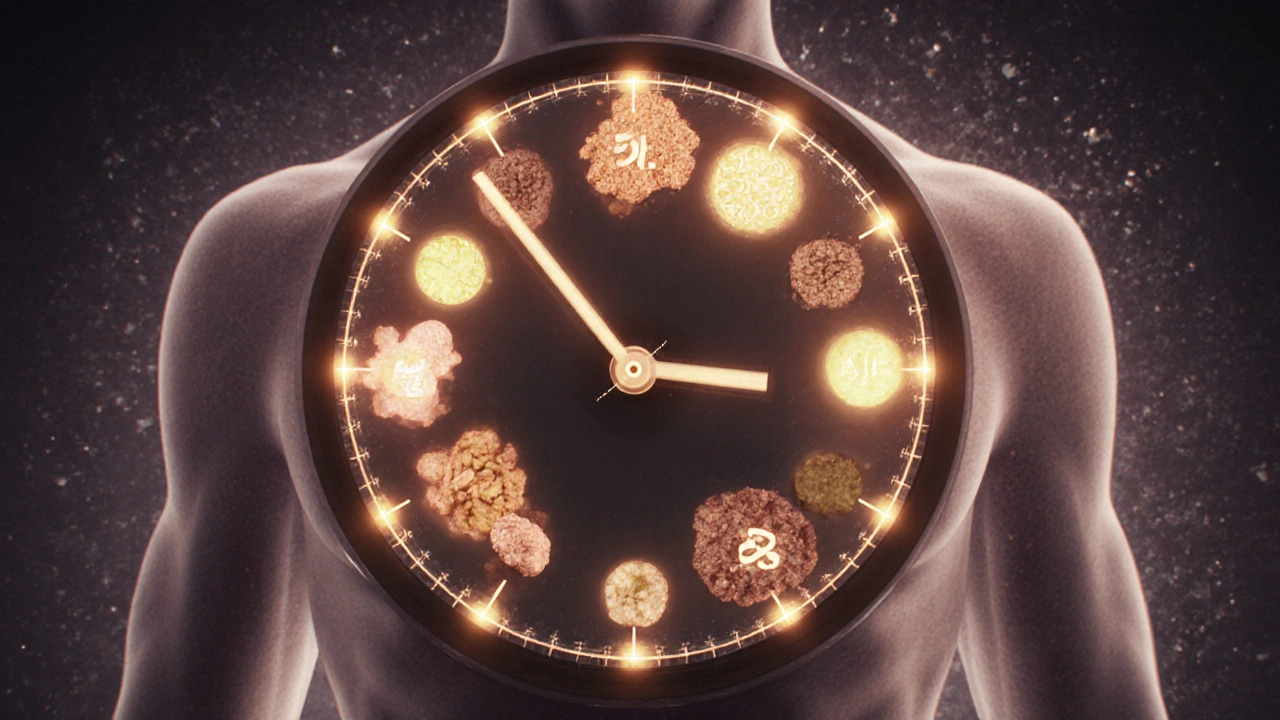 Tělo jako hodiny s pěti body výživy rovnoměrně rozloženými po celé hodině.