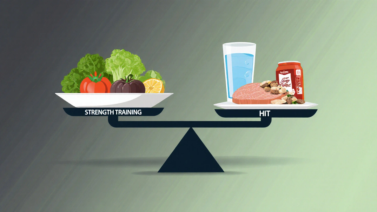 Váha ukazuje rovnováhu mezi cvičením a zdravou stravou, sladkosti padají pryč.