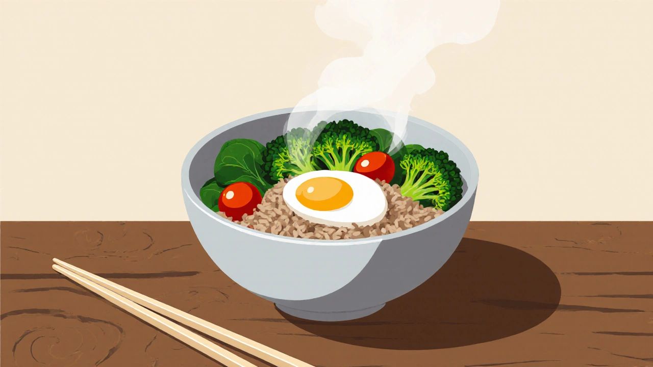 Vyvážené jídlo s rýží, brokolicí, rajčaty a vajíčkem na dřevěné desce.