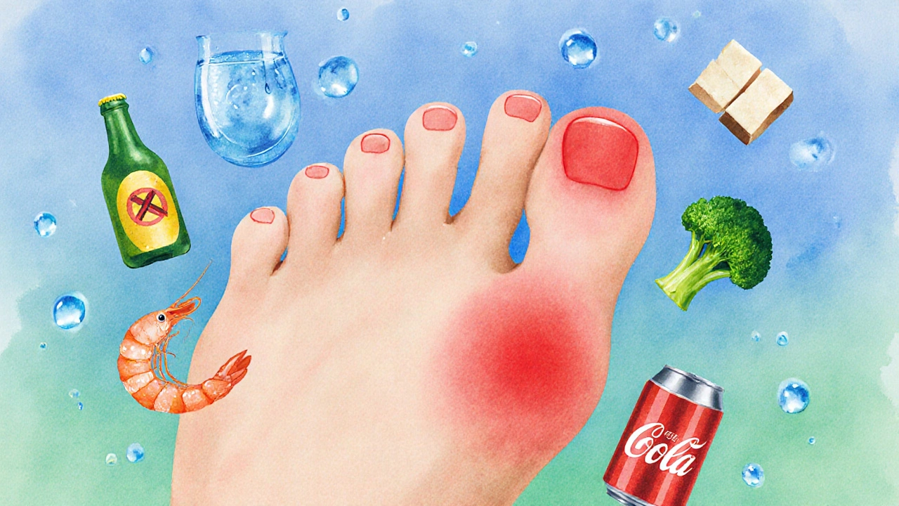 Zapálený prst u nohy s zakázanými potravinami a zdravými alternativami ve vodním stylu.