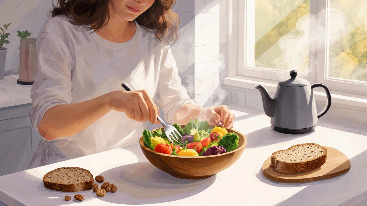 Žena připravuje zdravou večeři s čerstvou zeleninou a celozrnným chlebem.