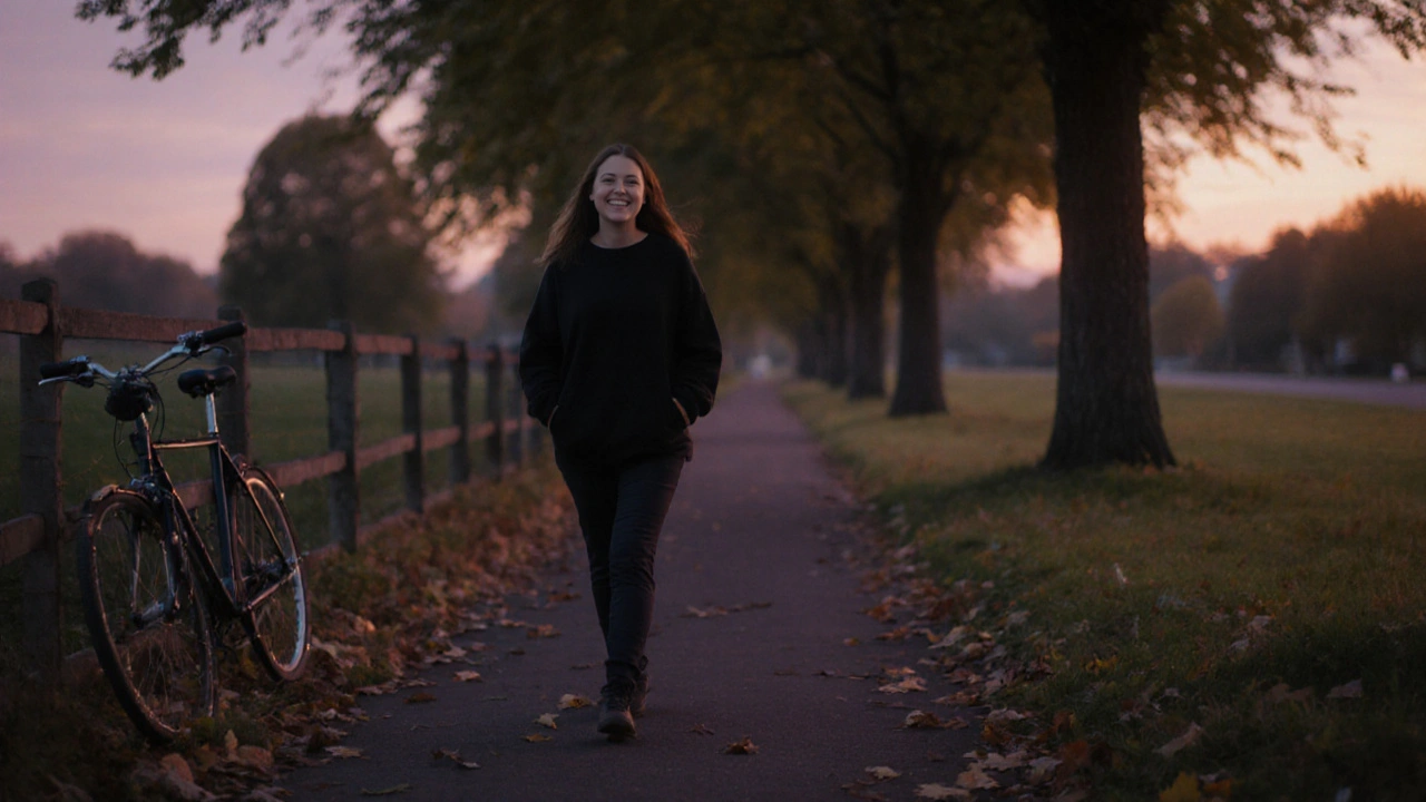 Žena prochází lesní cestou večer, kolem ní padají listy a stojí kolo.