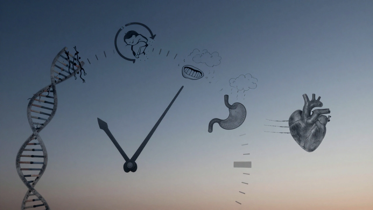 Hodiny z DNA s krátkajícími se teloméry a symboly stresových příznaků, s náznakem nového dne.