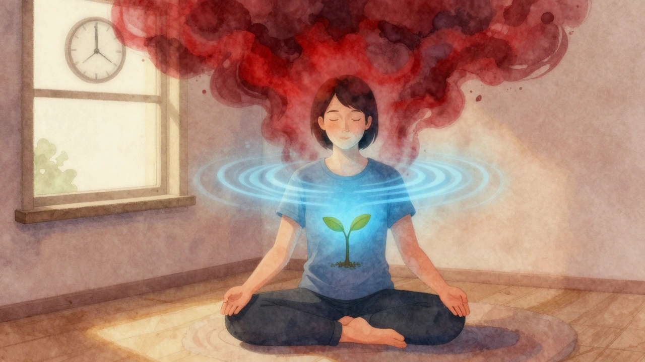 Osoba meditující s viditelným klidným dechem, který rozptyluje stresové mraky kolem těla.